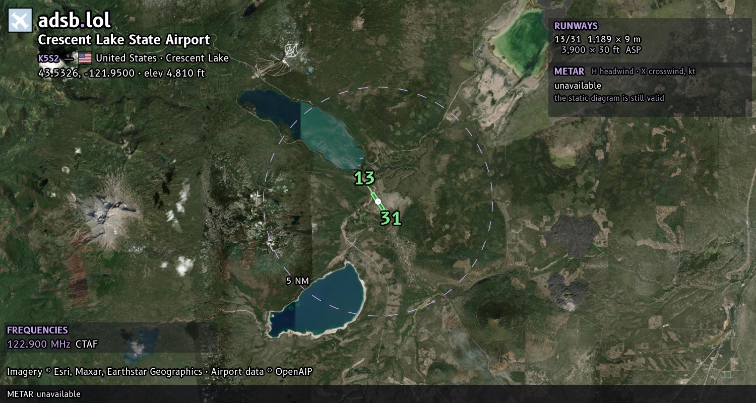 Satellite map with the runway layout of Crescent Lake State Airport (K5S2)