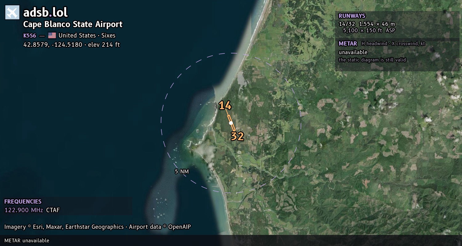 Satellite map with the runway layout of Cape Blanco State Airport (K5S6)