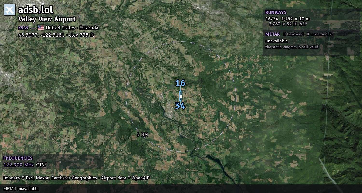 Satellite map with the runway layout of Valley View Airport (K5S9)