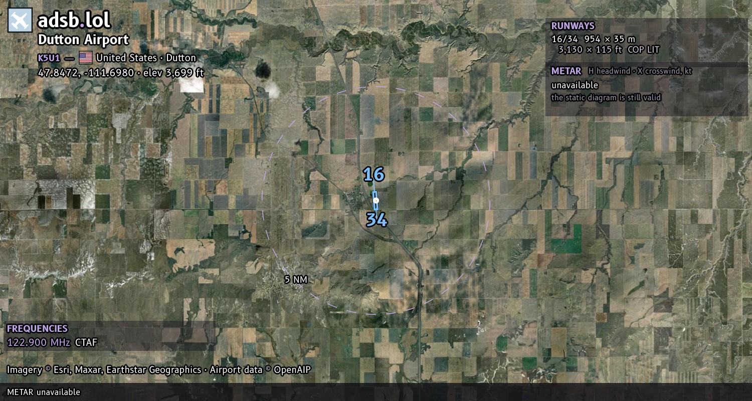 Satellite map with the runway layout of Dutton Airport (K5U1)