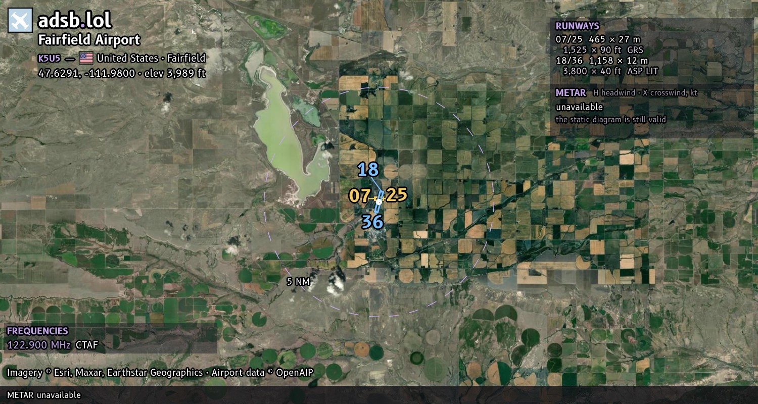 Satellite map with the runway layout of Fairfield Airport (K5U5)