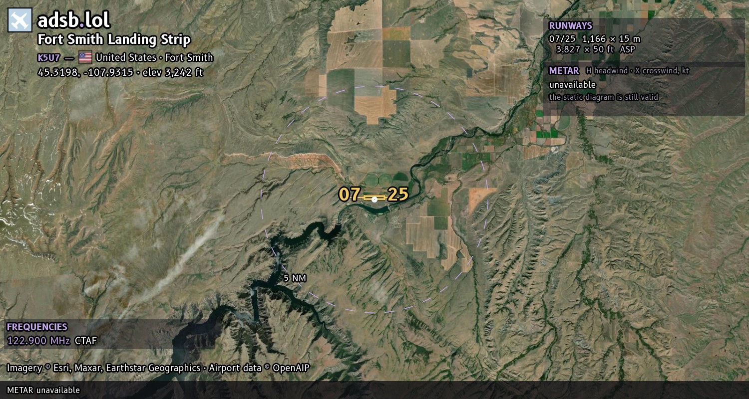 Satellite map with the runway layout of Fort Smith Landing Strip (K5U7)