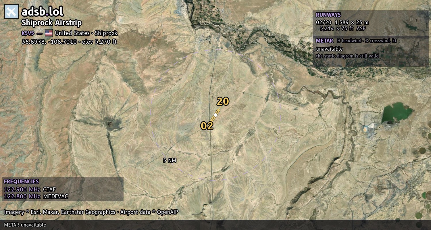 Satellite map with the runway layout of Shiprock Airstrip (K5V5)