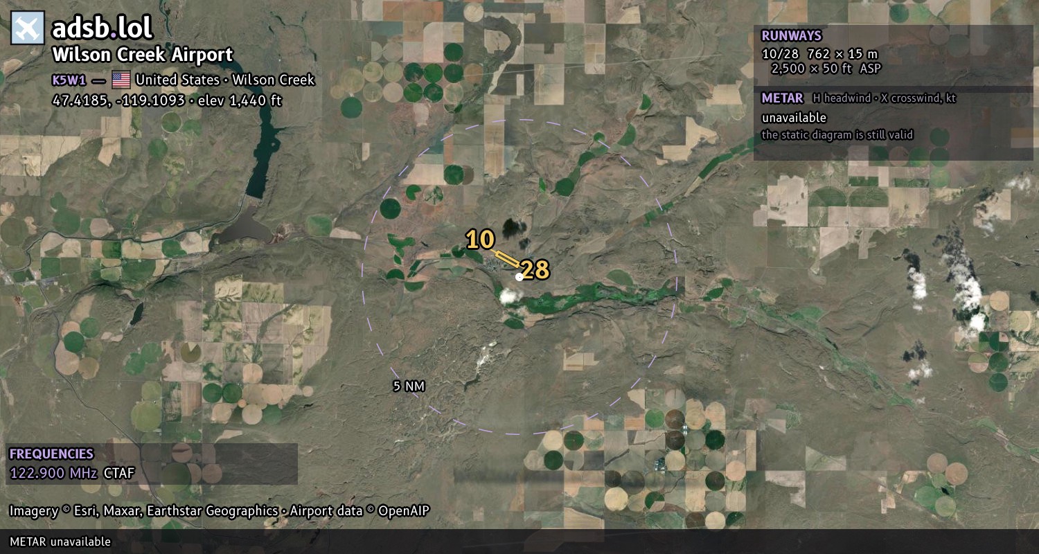 Satellite map with the runway layout of Wilson Creek Airport (K5W1)