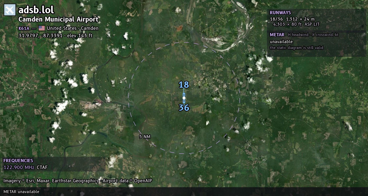 Satellite map with the runway layout of Camden Municipal Airport (K61A)