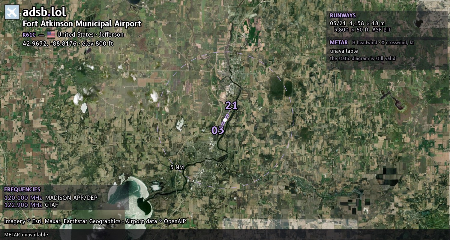 Satellite map with the runway layout of Fort Atkinson Municipal Airport (K61C)
