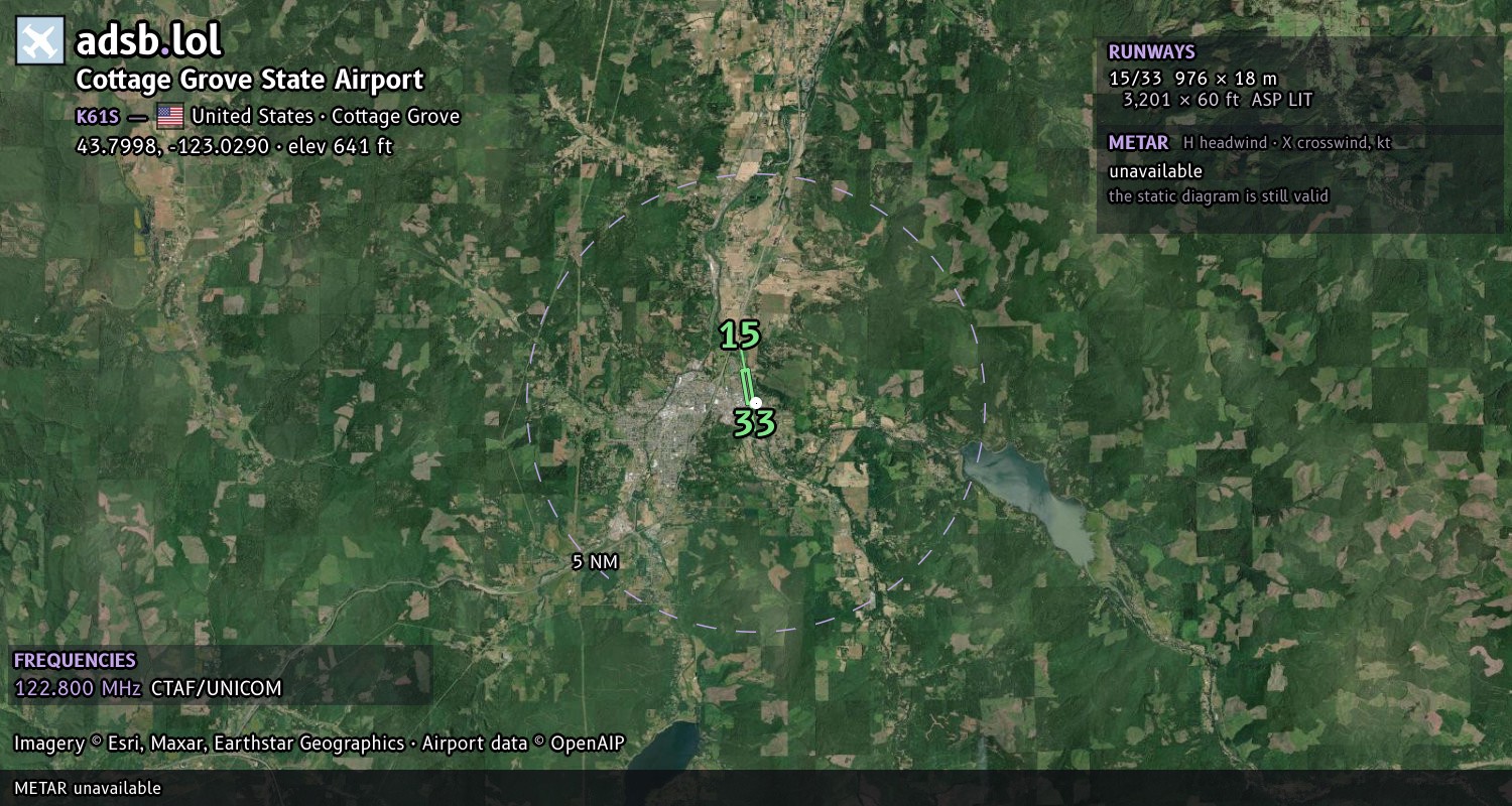 Satellite map with the runway layout of Cottage Grove State Airport (K61S)