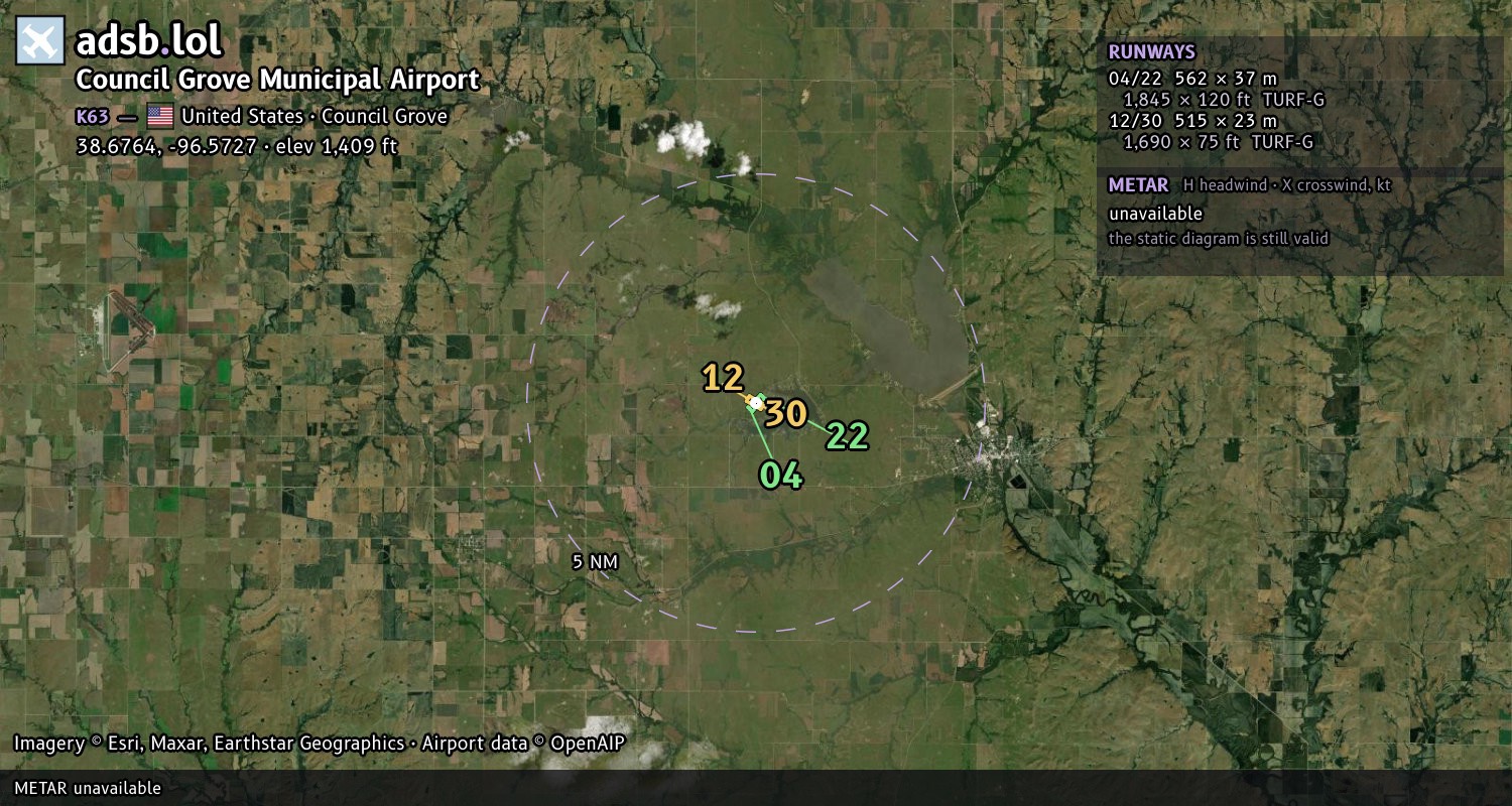Satellite map with the runway layout of Council Grove Municipal Airport (K63)
