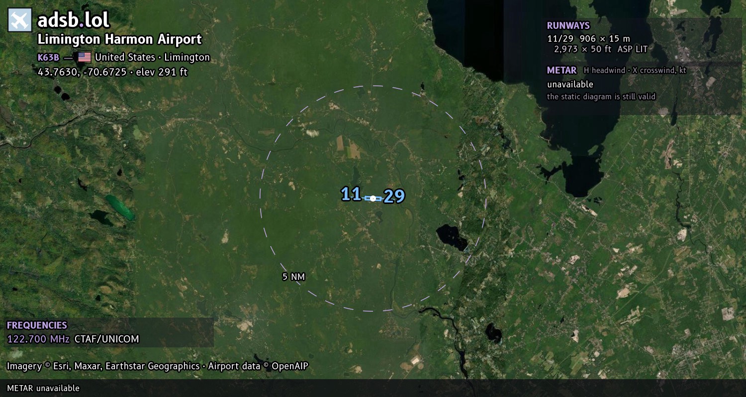 Satellite map with the runway layout of Limington Harmon Airport (K63B)