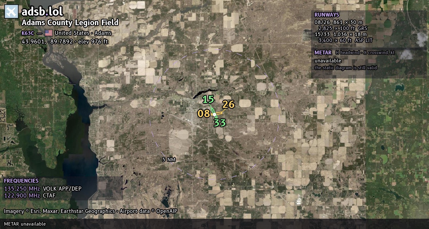 Satellite map with the runway layout of Adams County Legion Field (K63C)