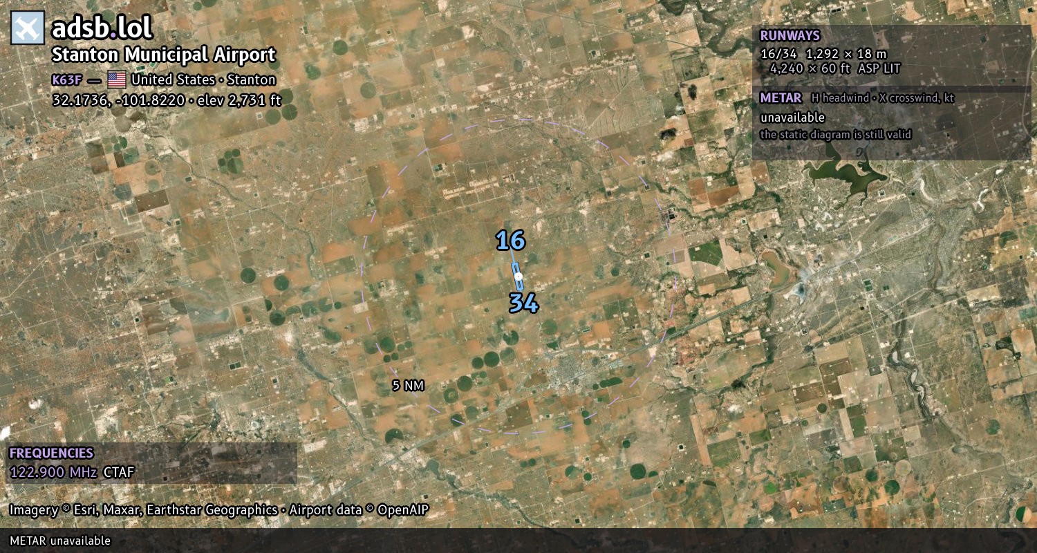 Satellite map with the runway layout of Stanton Municipal Airport (K63F)