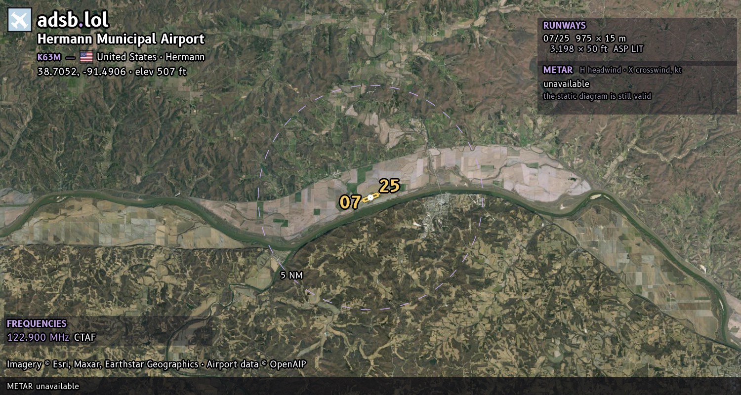 Satellite map with the runway layout of Hermann Municipal Airport (K63M)