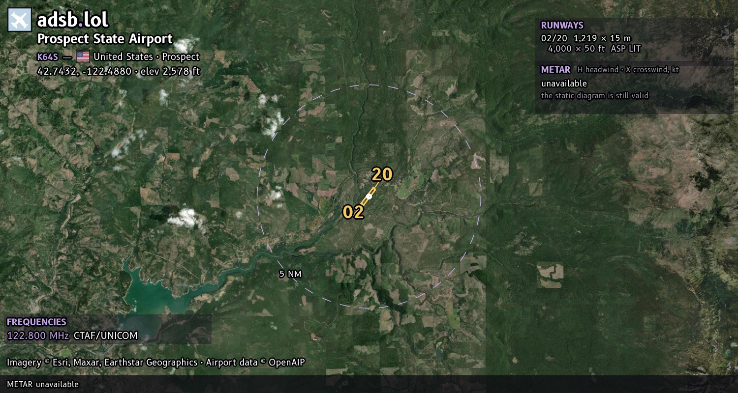Satellite map with the runway layout of Prospect State Airport (K64S)