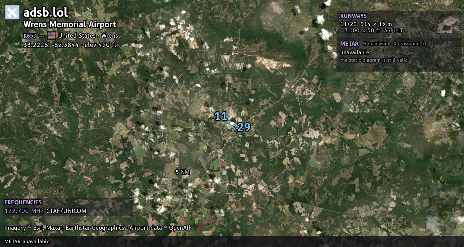 Satellite map with the runway layout of Wrens Memorial Airport (K65J)