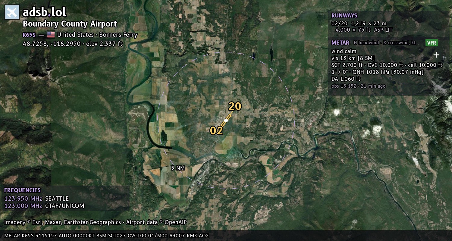 Satellite map with the runway layout of Boundary County Airport (K65S)