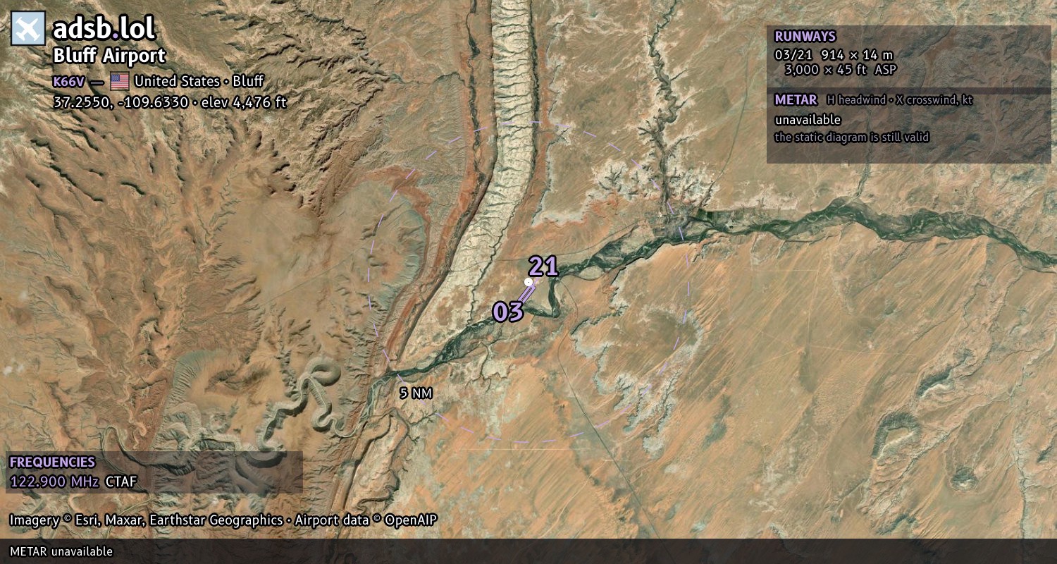 Satellite map with the runway layout of Bluff Airport (K66V)