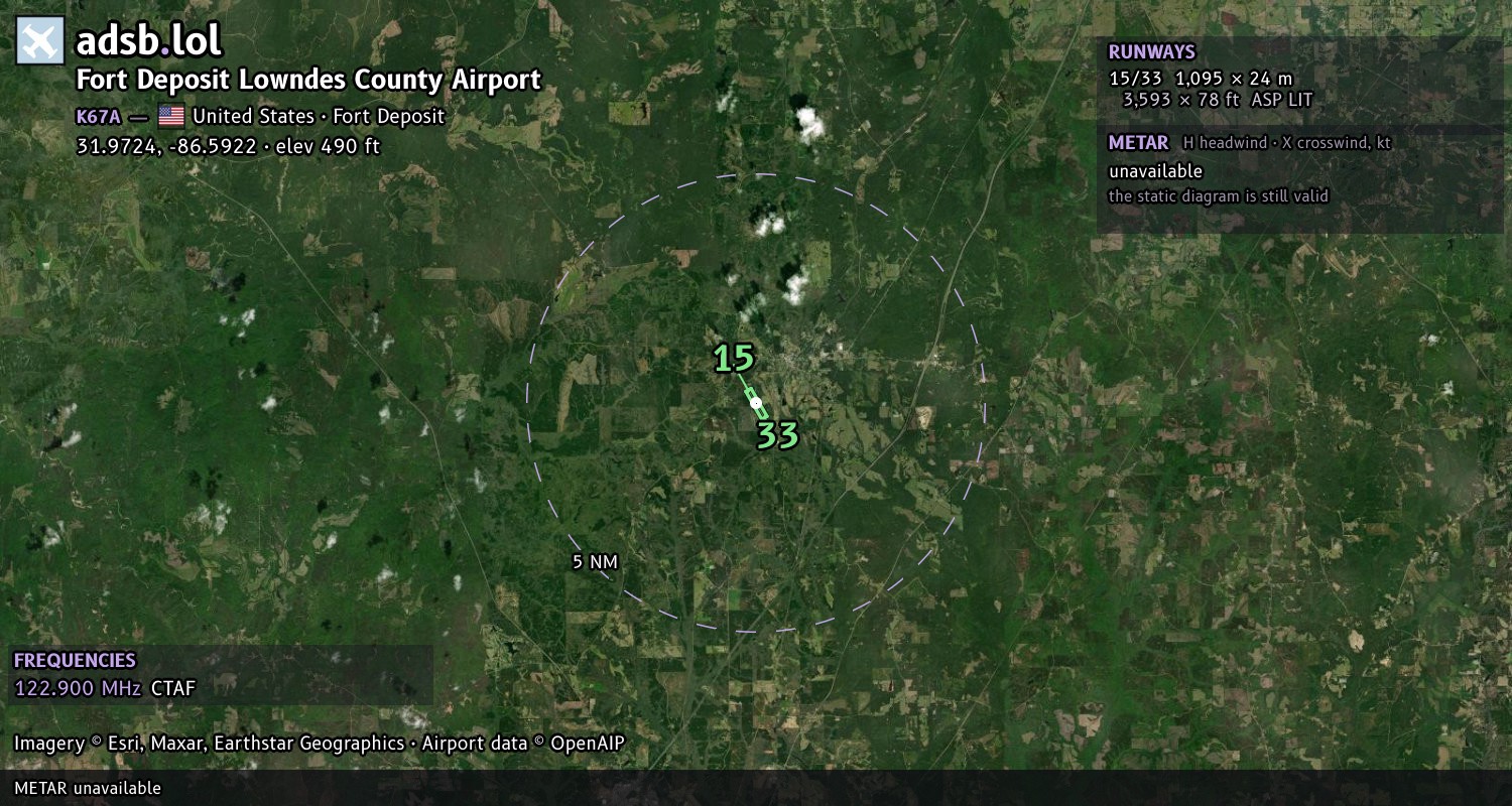 Satellite map with the runway layout of Fort Deposit Lowndes County Airport (K67A)