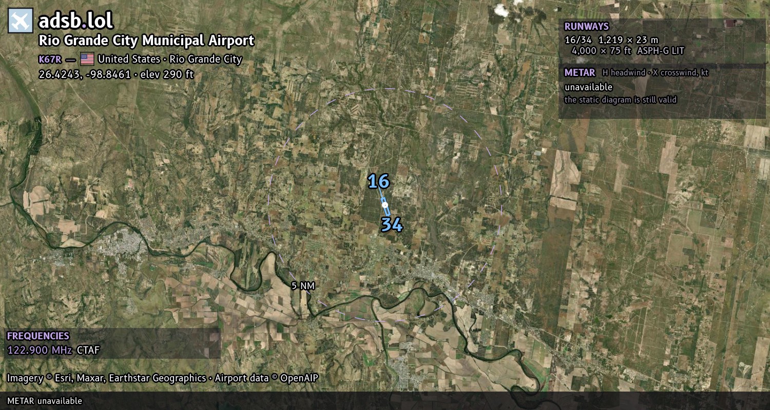 Satellite map with the runway layout of Rio Grande City Municipal Airport (K67R)