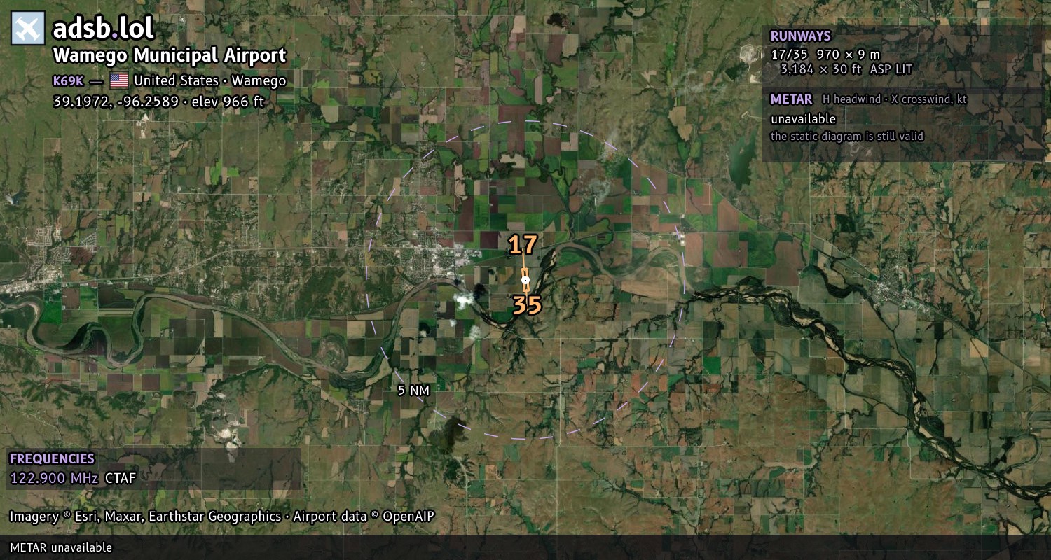 Satellite map with the runway layout of Wamego Municipal Airport (K69K)