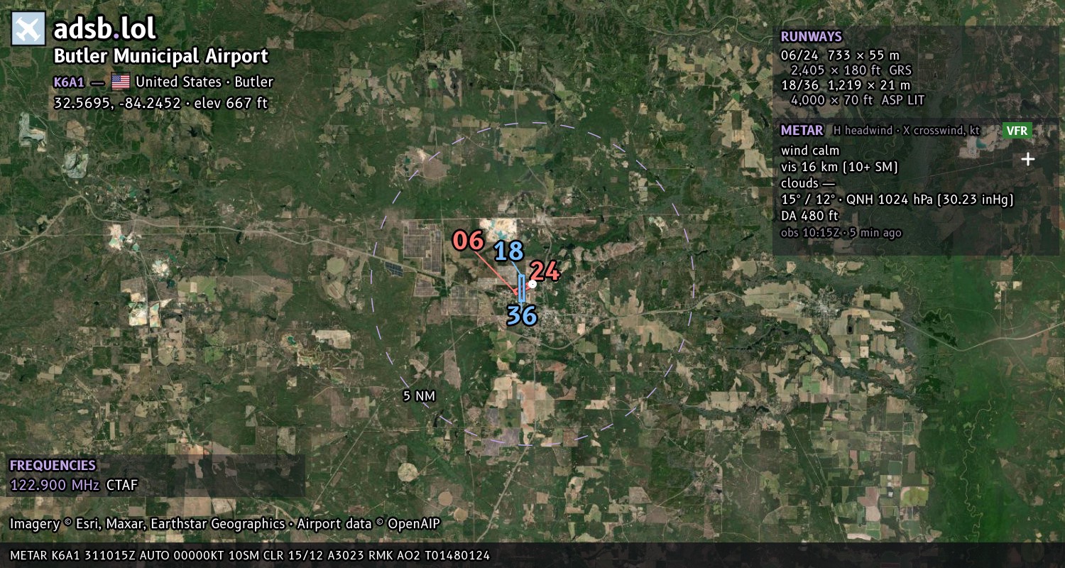 Satellite map with the runway layout of Butler Municipal Airport (K6A1)