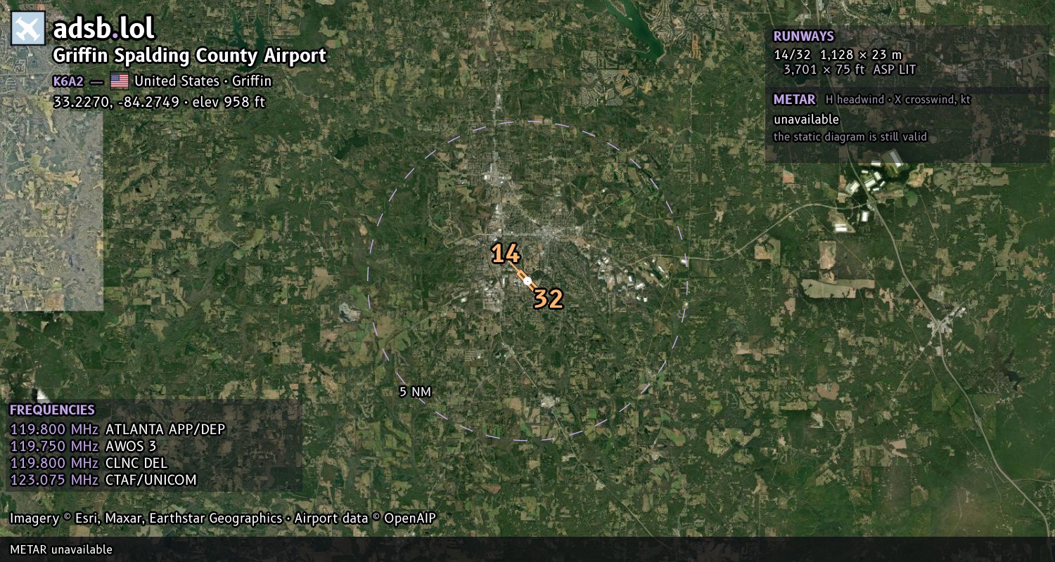 Satellite map with the runway layout of Griffin Spalding County Airport (K6A2)