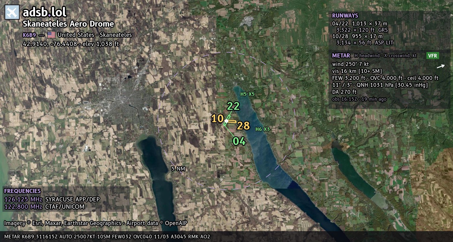 Satellite map with the runway layout of Skaneateles Aero Drome (K6B9)