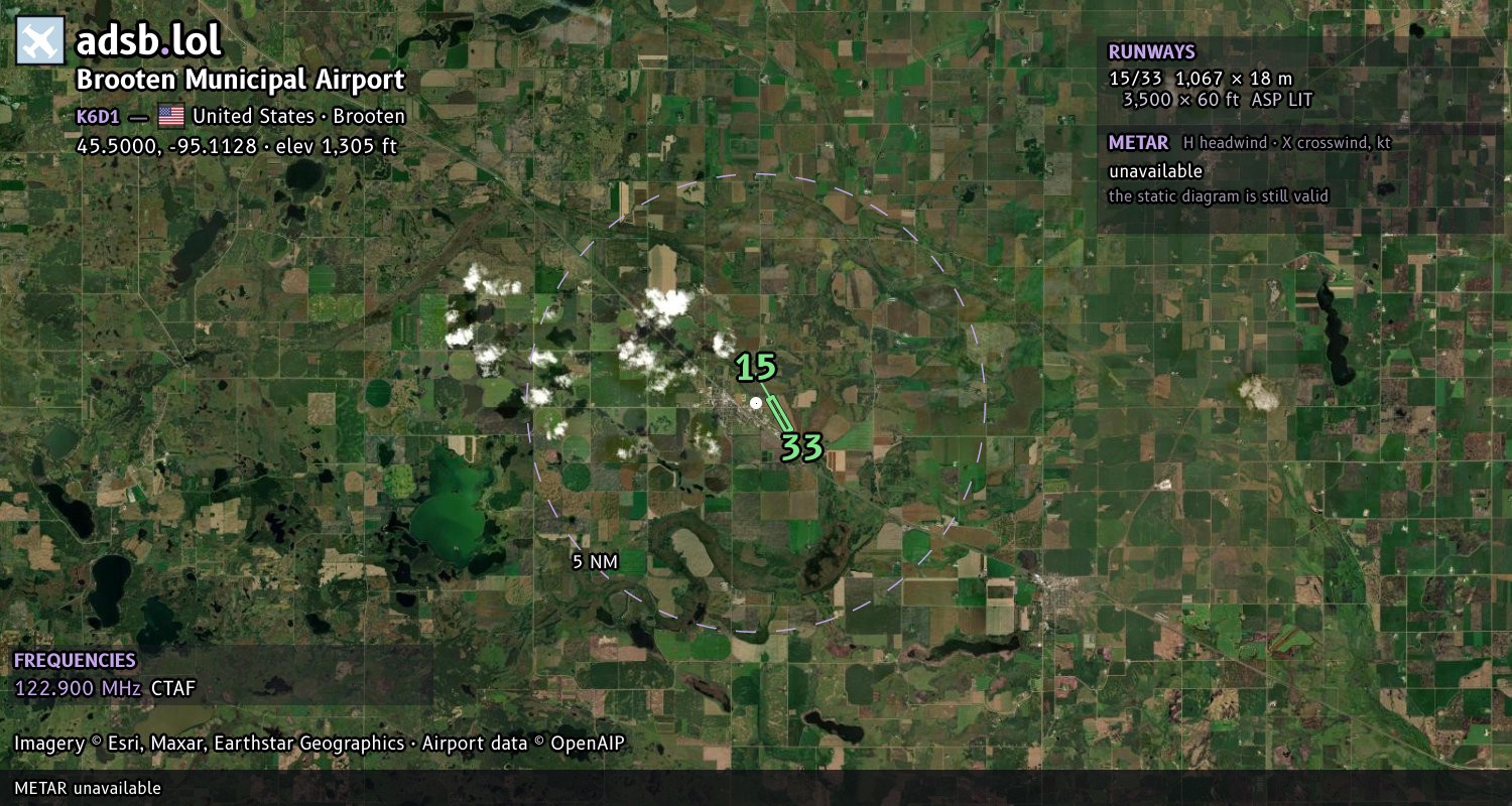 Satellite map with the runway layout of Brooten Municipal Airport (K6D1)