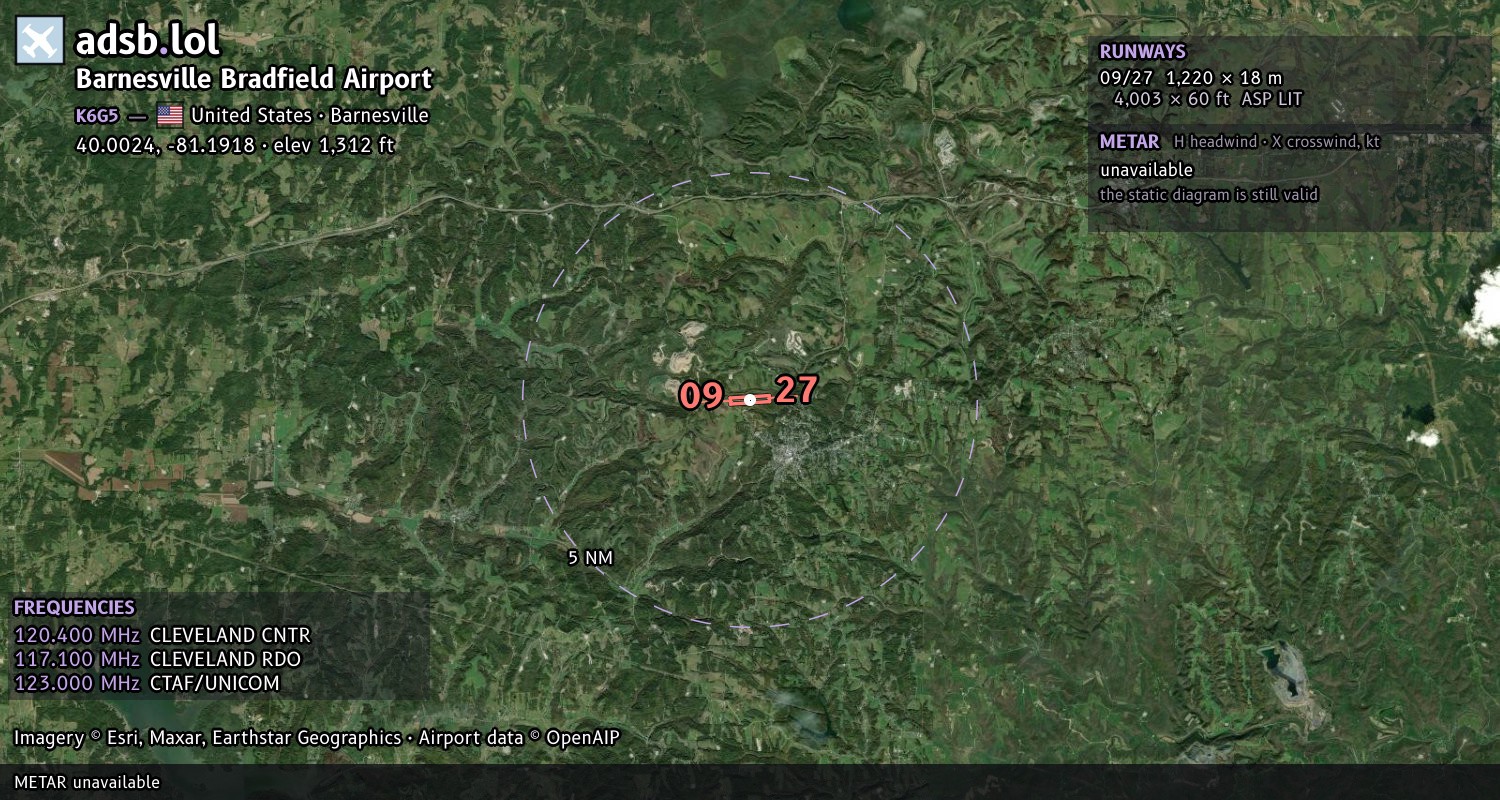 Satellite map with the runway layout of Barnesville Bradfield Airport (K6G5)