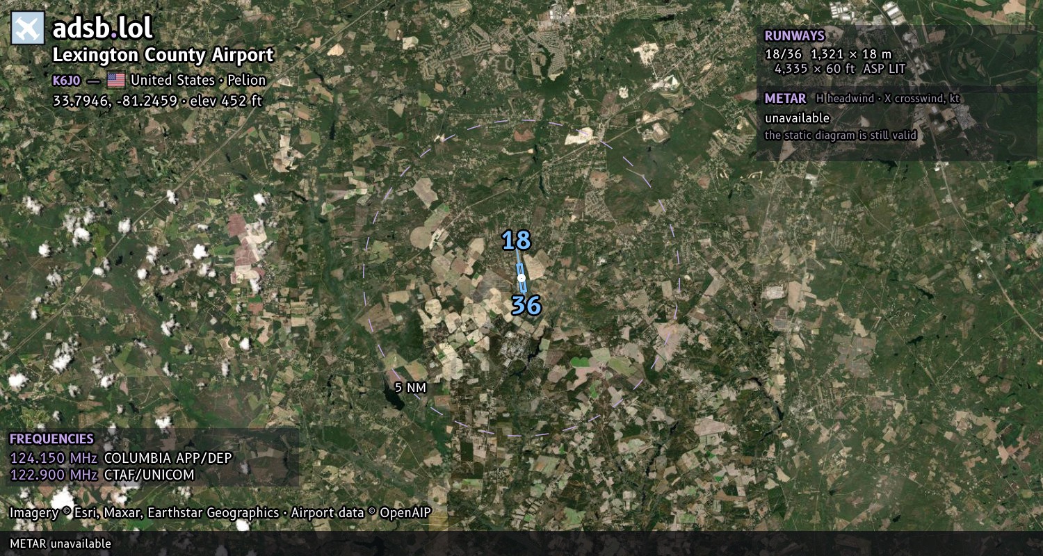 Satellite map with the runway layout of Lexington County Airport (K6J0)