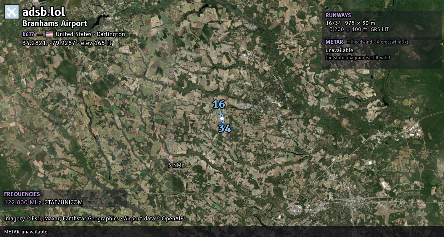 Satellite map with the runway layout of Branhams Airport (K6J7)