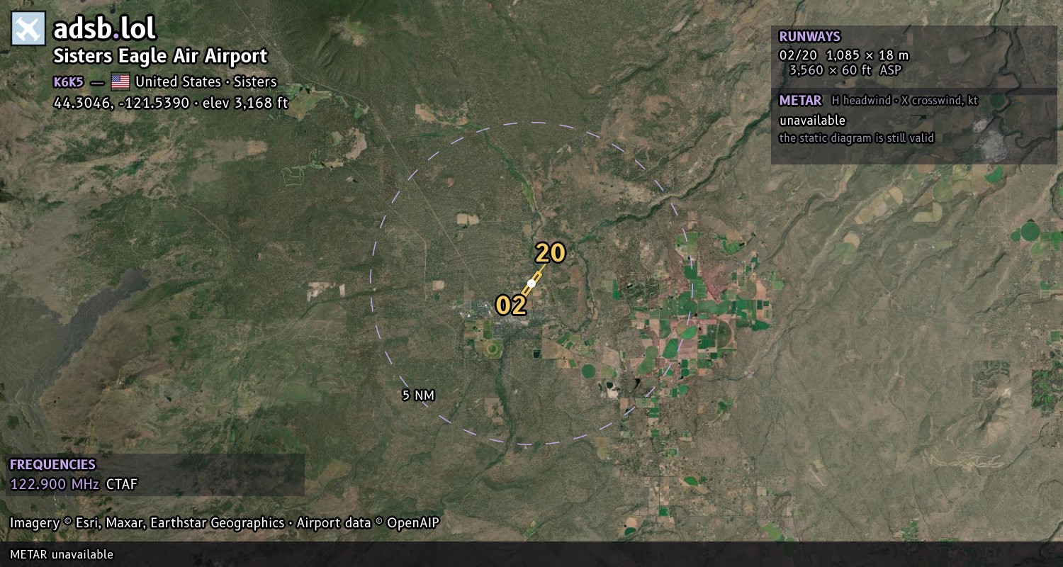 Satellite map with the runway layout of Sisters Eagle Air Airport (K6K5)
