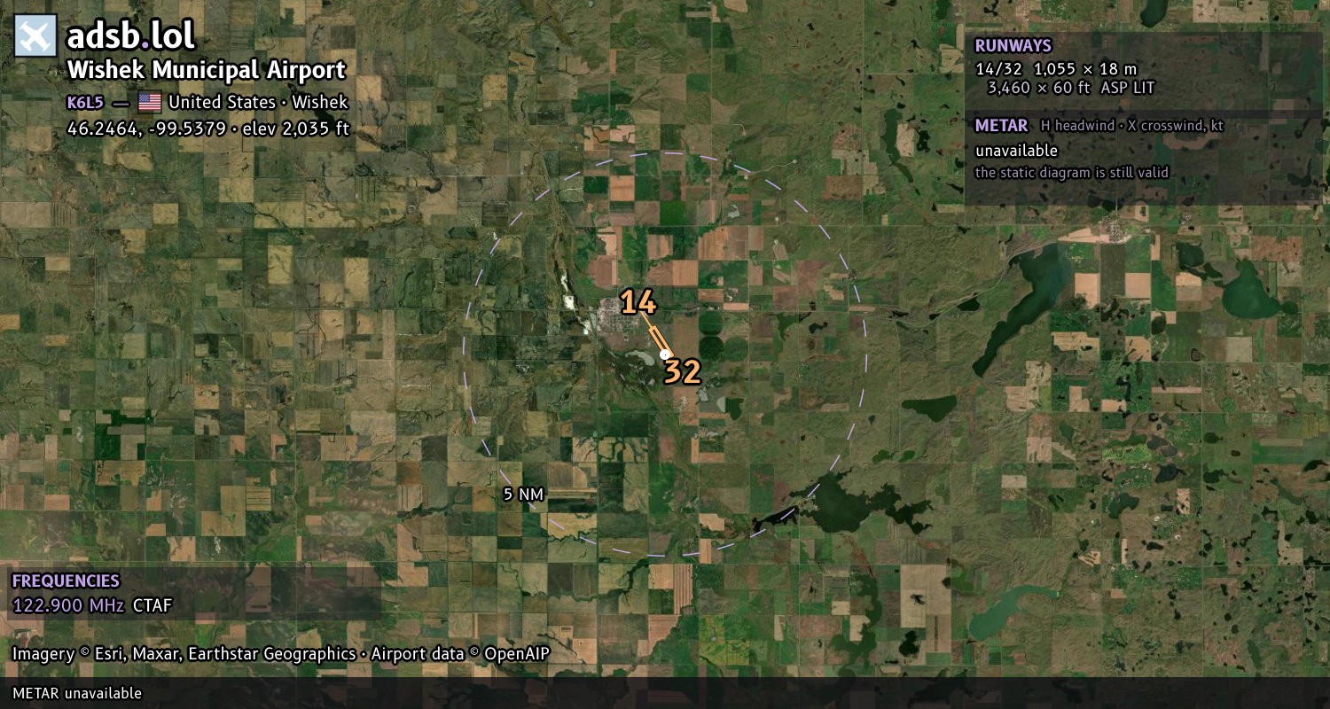 Satellite map with the runway layout of Wishek Municipal Airport (K6L5)