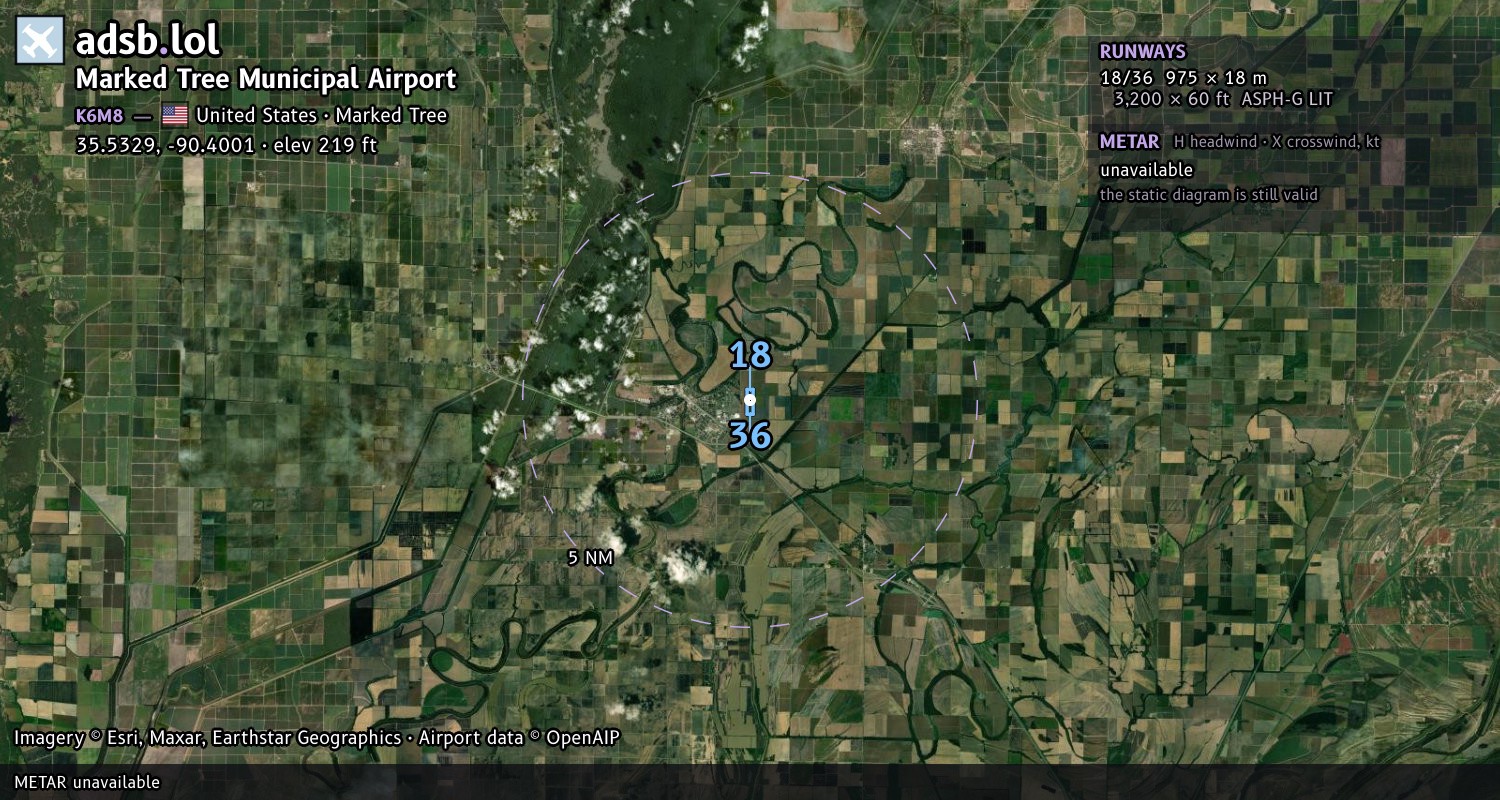 Satellite map with the runway layout of Marked Tree Municipal Airport (K6M8)