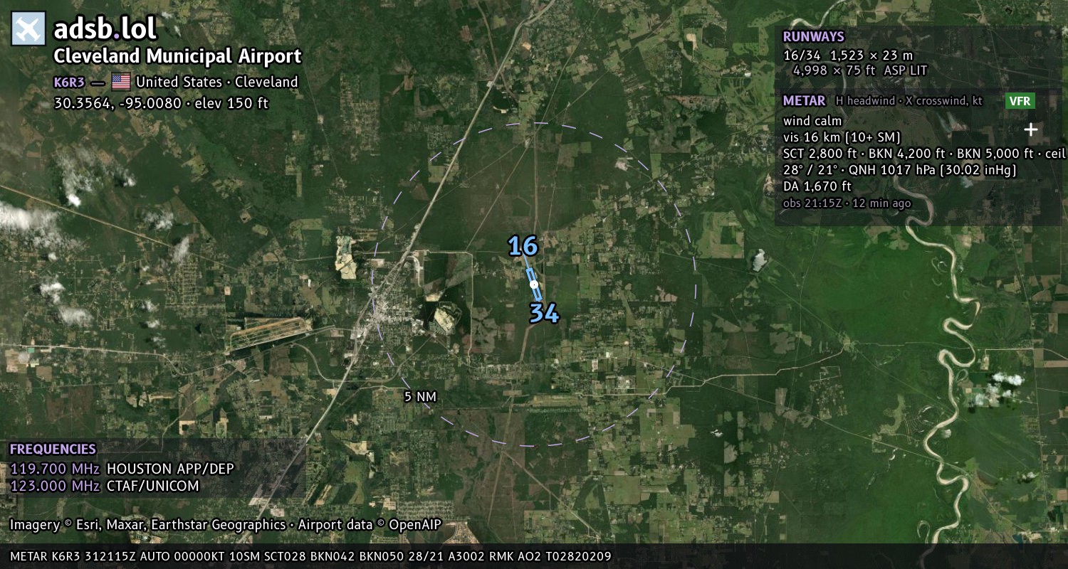 Satellite map with the runway layout of Cleveland Municipal Airport (K6R3)