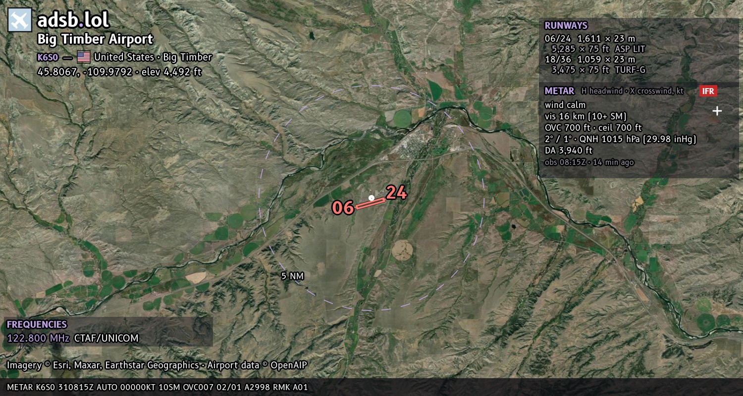 Satellite map with the runway layout of Big Timber Airport (K6S0)