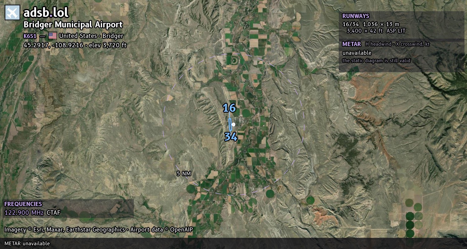 Satellite map with the runway layout of Bridger Municipal Airport (K6S1)