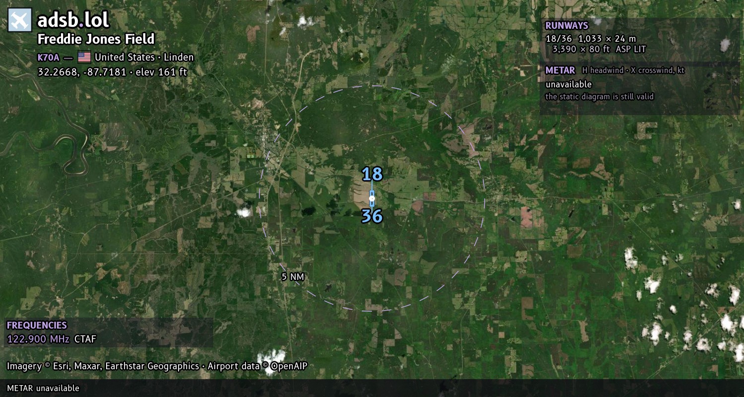 Satellite map with the runway layout of Freddie Jones Field (K70A)