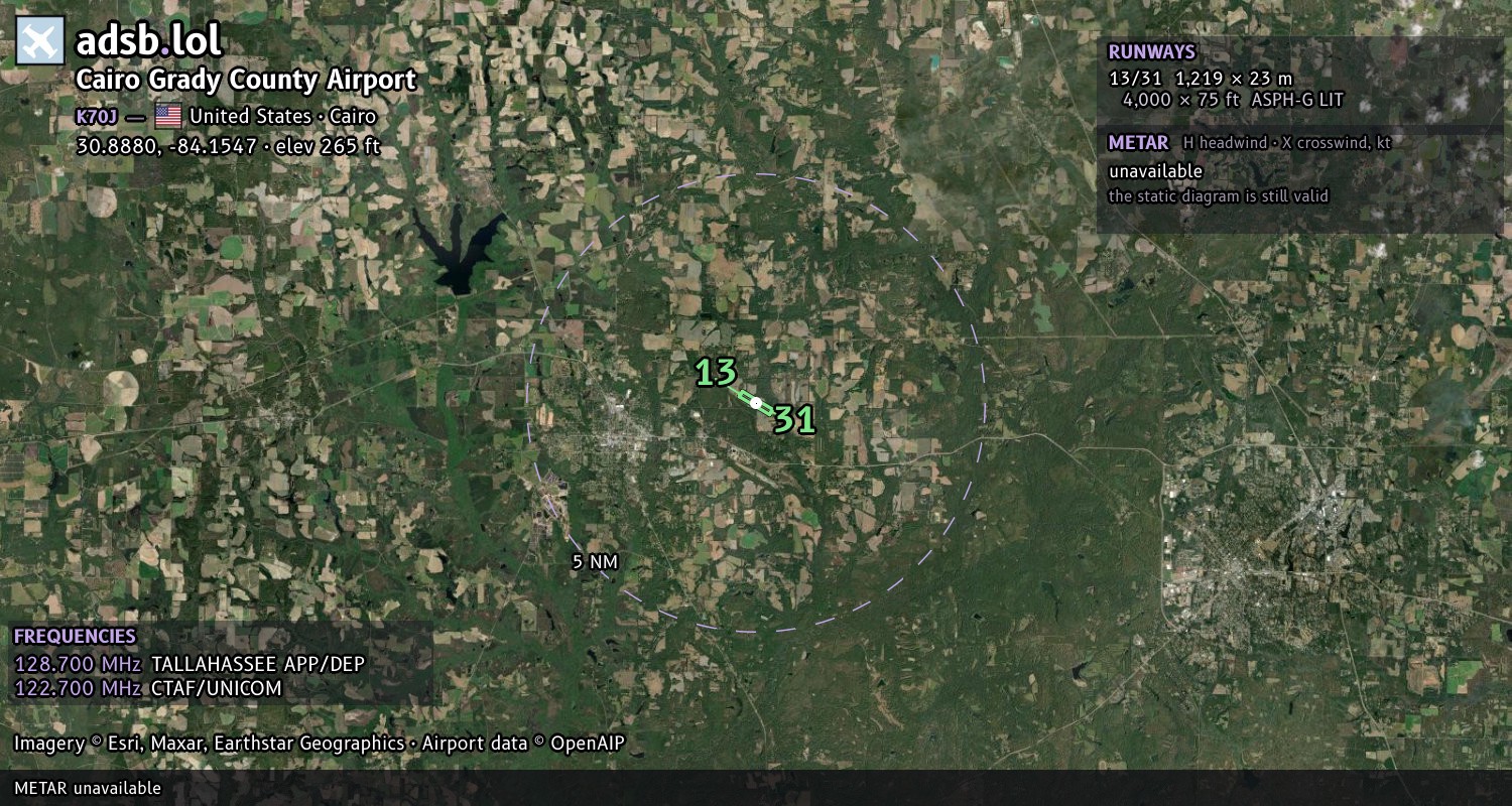 Satellite map with the runway layout of Cairo Grady County Airport (K70J)