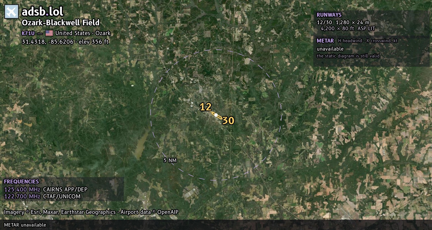 Satellite map with the runway layout of Ozark-Blackwell Field (K71U)