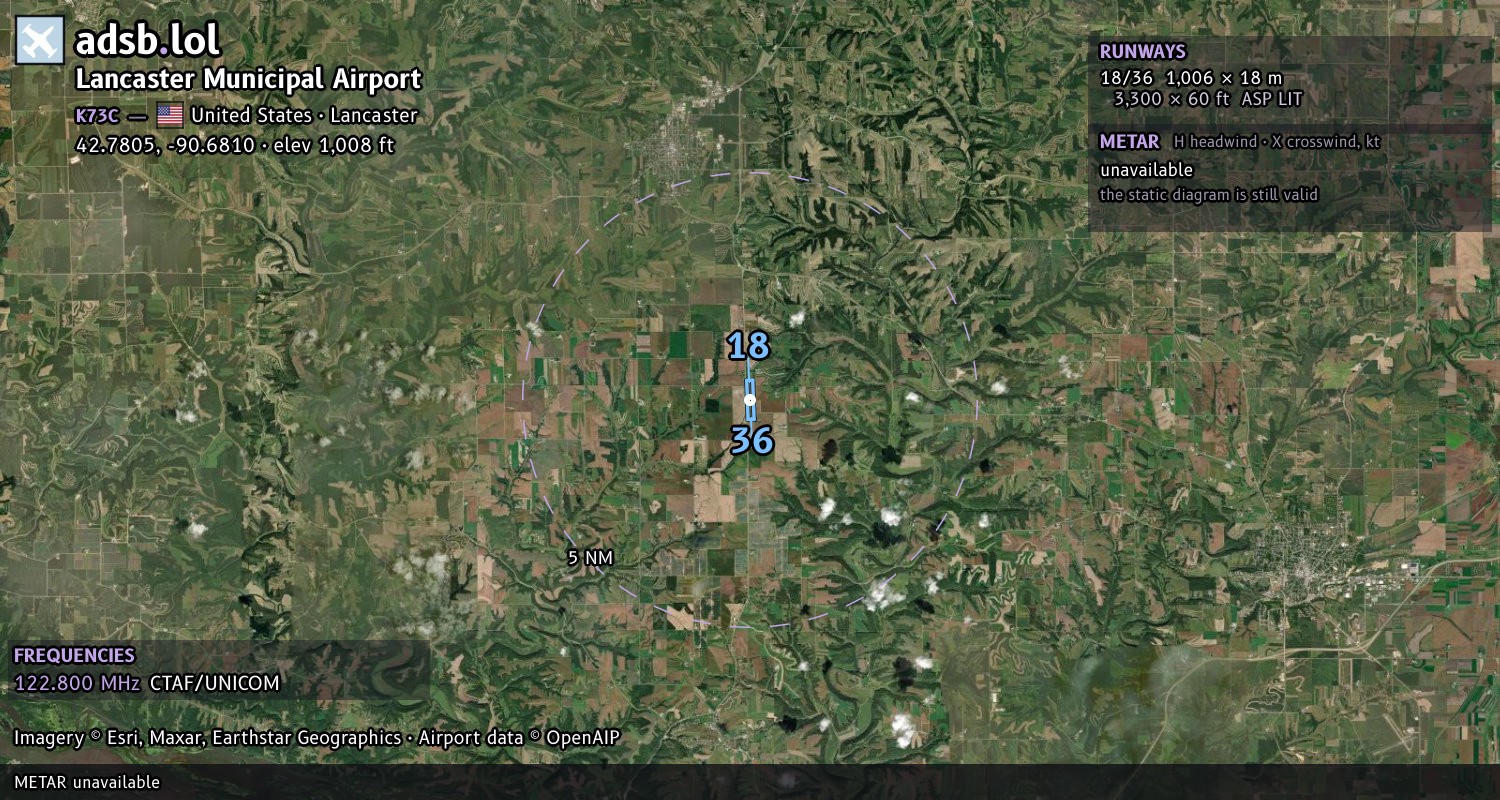 Satellite map with the runway layout of Lancaster Municipal Airport (K73C)