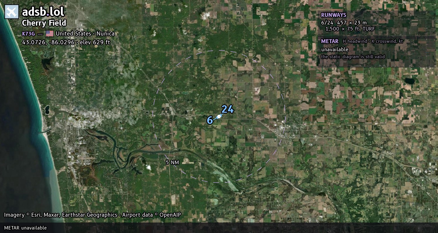 Satellite map with the runway layout of Cherry Field (K73G)