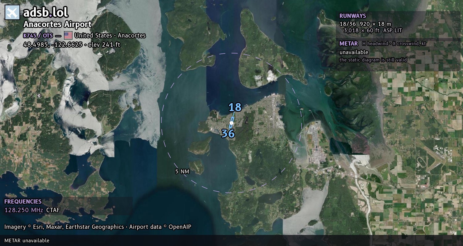 Satellite map with the runway layout of Anacortes Airport (K74S)