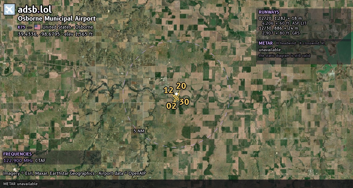 Satellite map with the runway layout of Osborne Municipal Airport (K75)