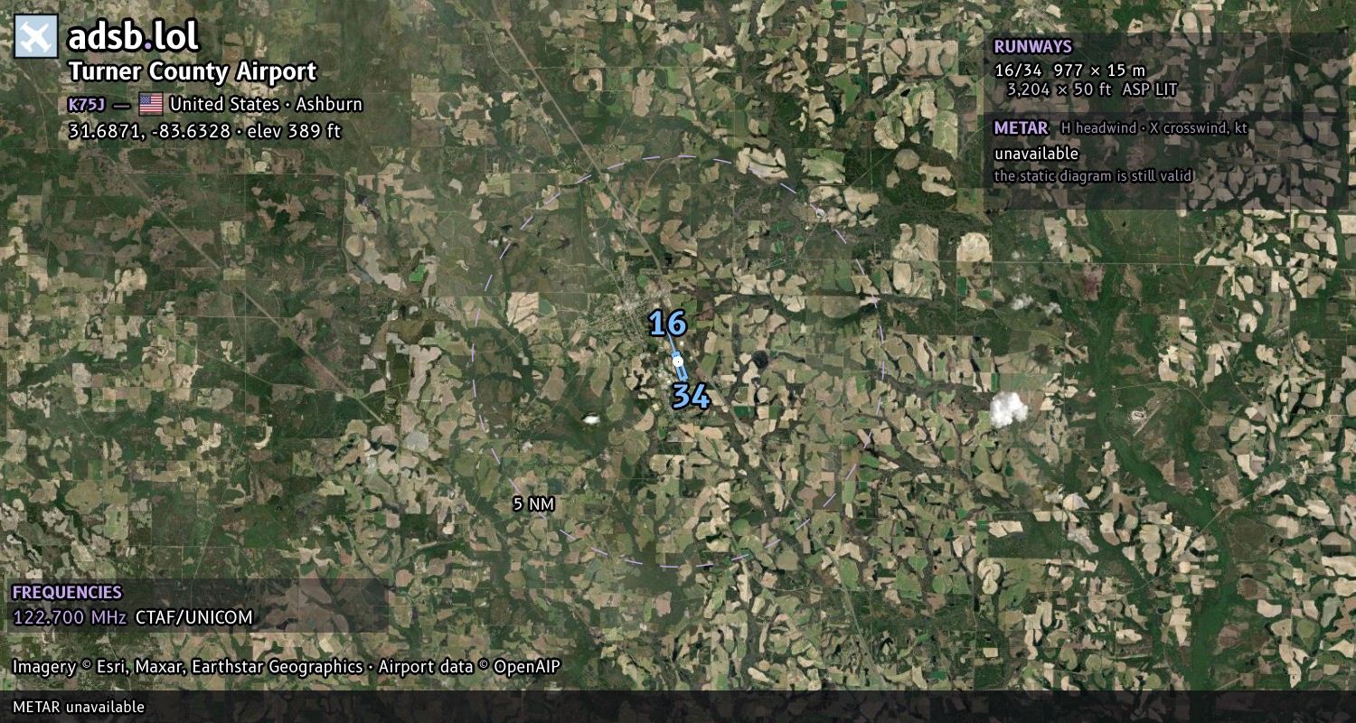 Satellite map with the runway layout of Turner County Airport (K75J)