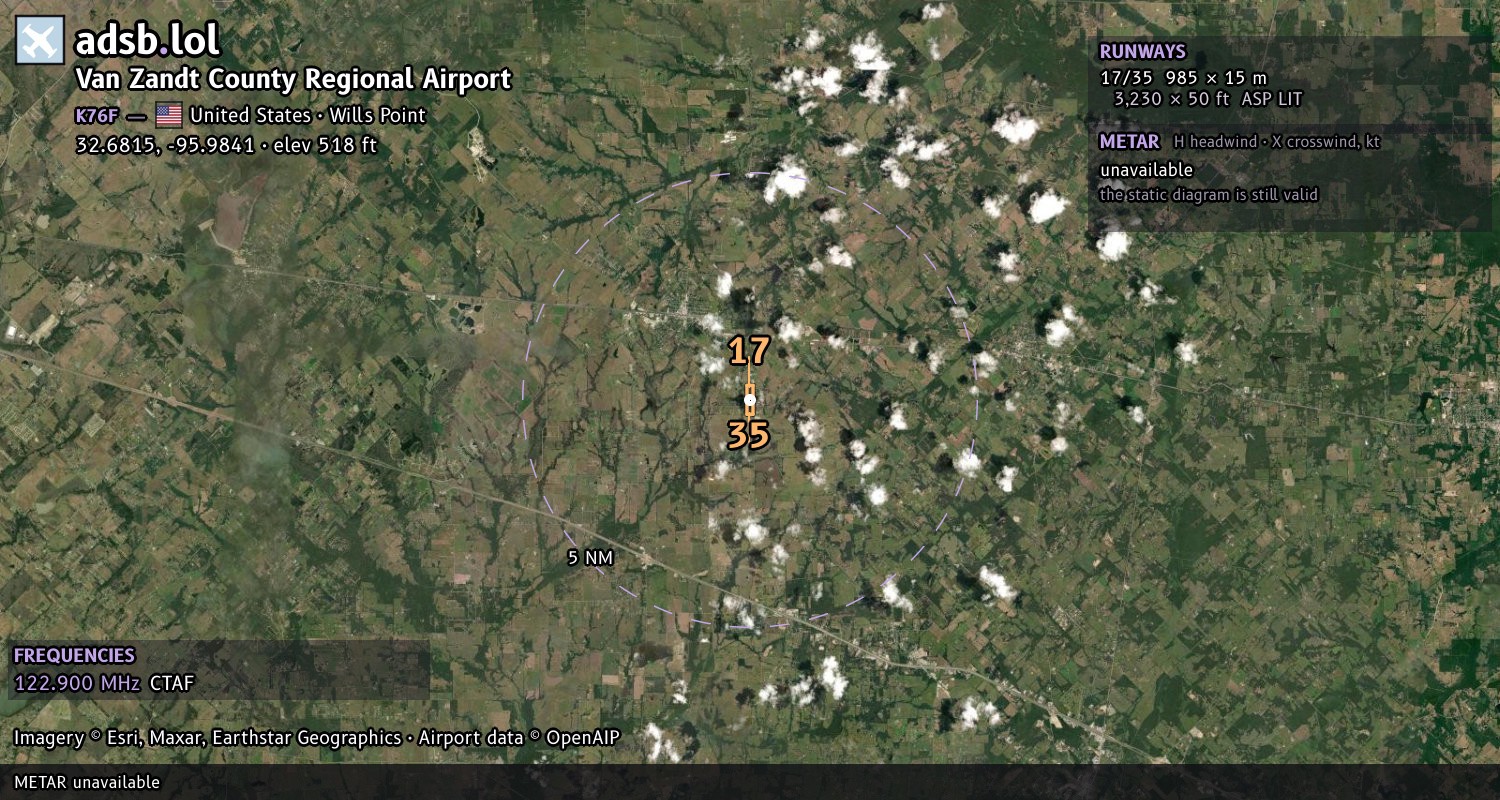 Satellite map with the runway layout of Van Zandt County Regional Airport (K76F)