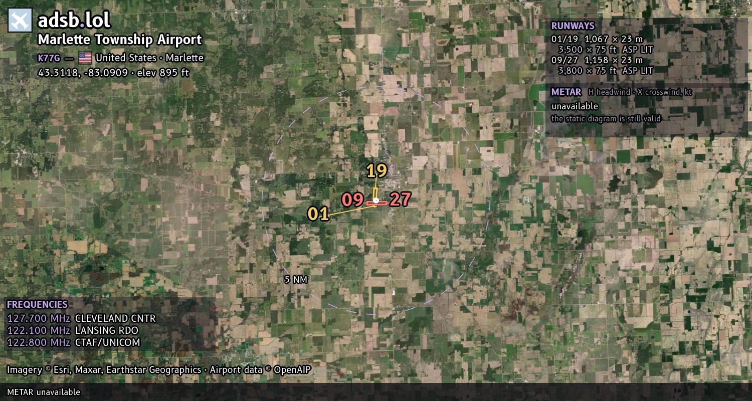 Satellite map with the runway layout of Marlette Township Airport (K77G)