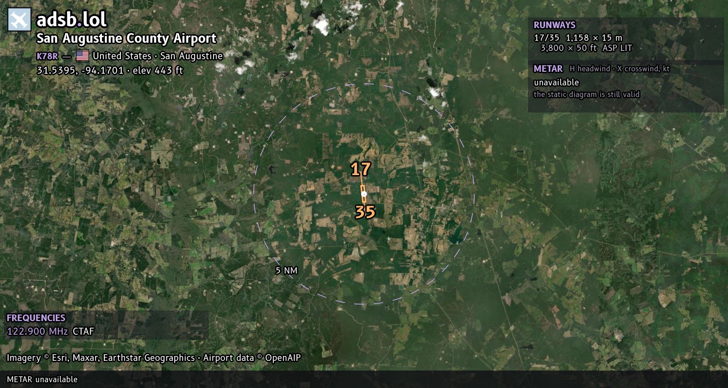 Satellite map with the runway layout of San Augustine County Airport (K78R)