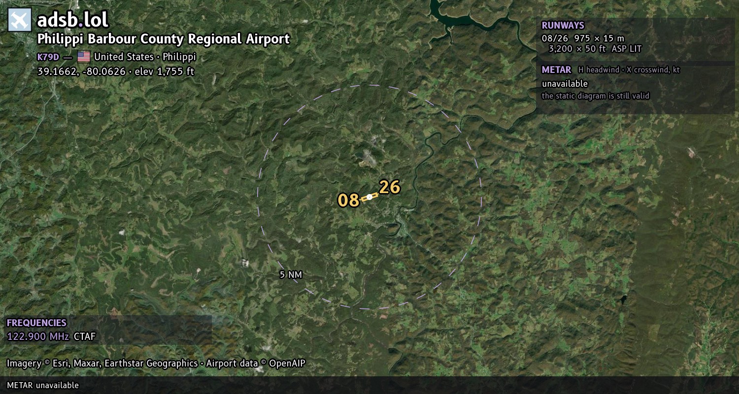 Satellite map with the runway layout of Philippi Barbour County Regional Airport (K79D)