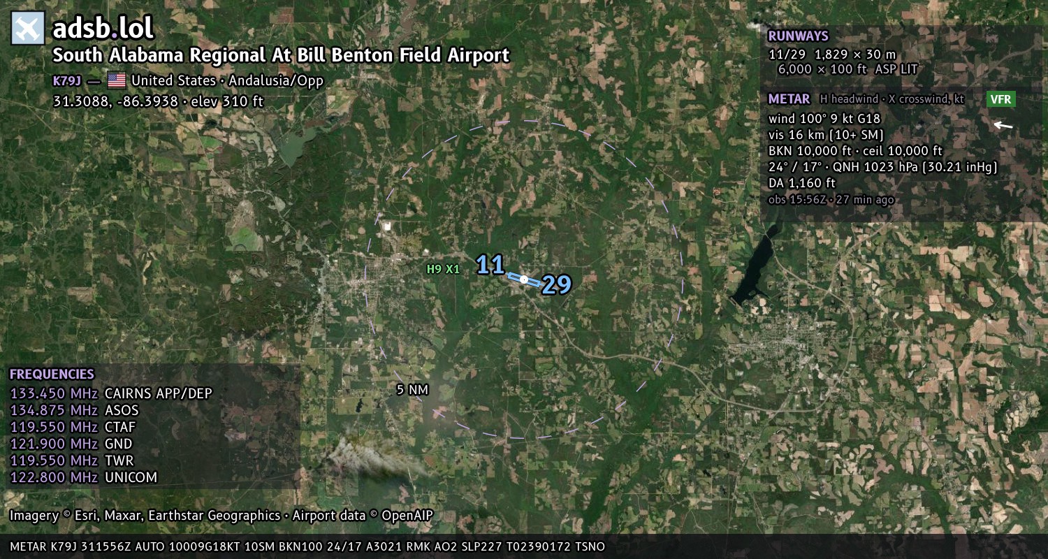 Satellite map with the runway layout of South Alabama Regional At Bill Benton Field Airport (K79J)