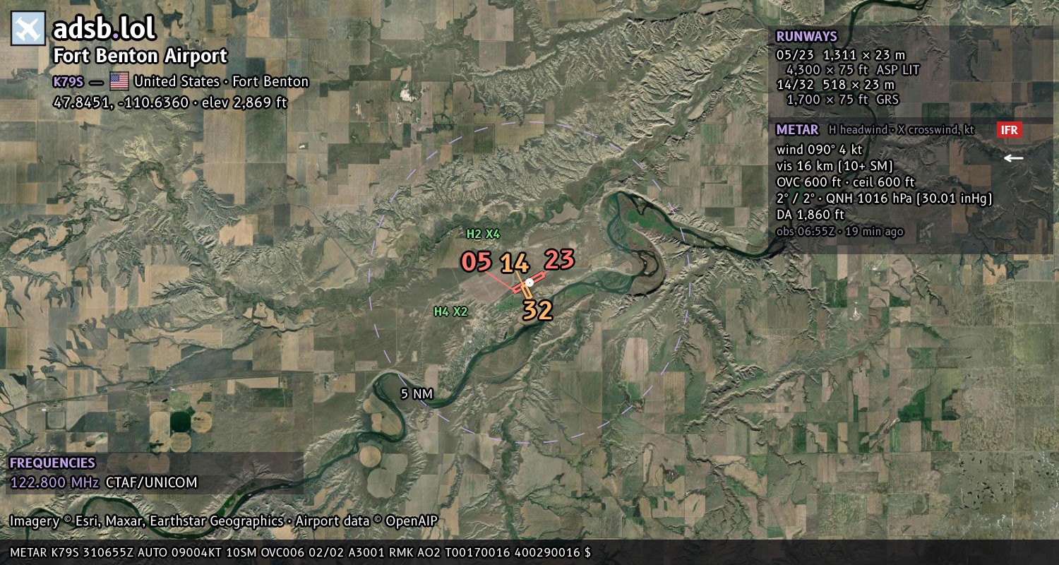 Satellite map with the runway layout of Fort Benton Airport (K79S)
